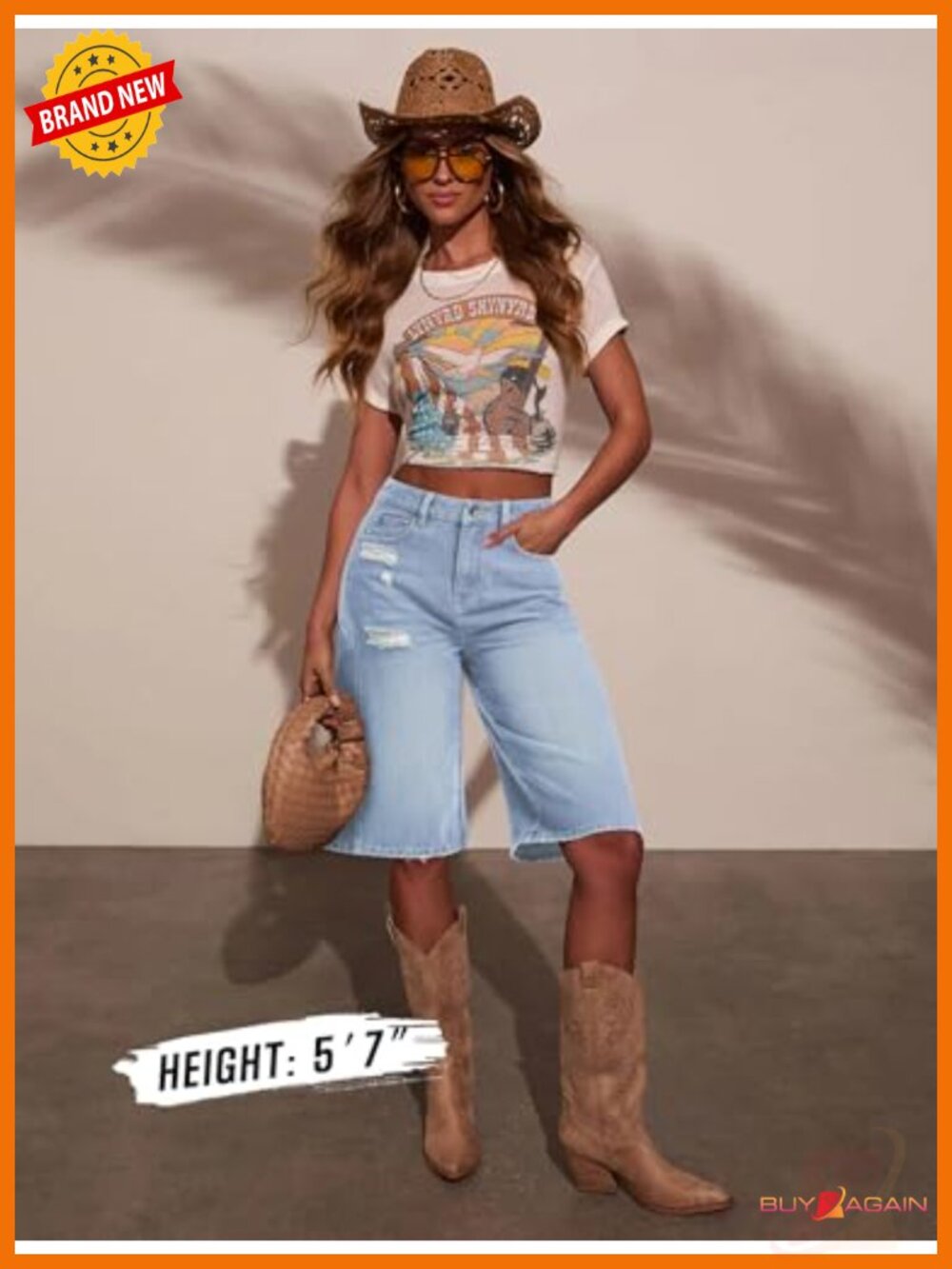 Distressed Denim Bermuda Shorts with Wide Leg High Waist - Picture 2 of 6